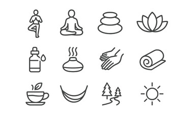 Naklejka premium Wellness Retreat Icons. Wellness retreats. Line outline icon set of Wellness retreats: yoga pose, meditation