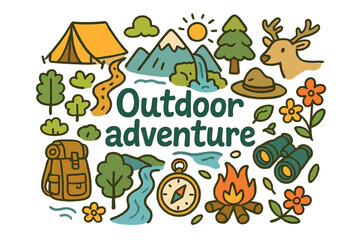 Fototapeta premium Exploring Nature Icons. Outdoor adventure. Hand-drawn doodle illustration of Outdoor adventure. tent, trail,