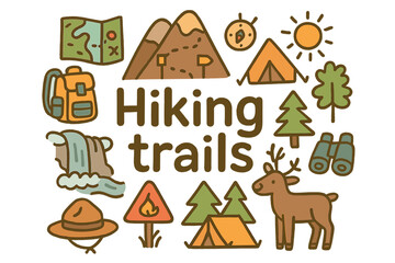 Fototapeta premium Hiking Trails Doodle. Hiking trails. Hand-drawn doodle illustration of Hiking trails. trail, mountain,