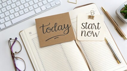 Inspirational Desk Setup with Notes and Writing Tools for Productivity