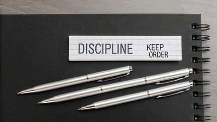 Inspirational Desktop Scene with Pens and Note on Discipline and Order