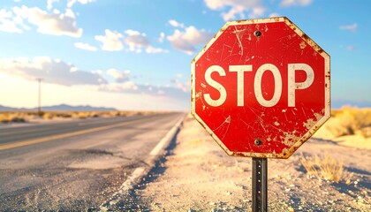 Stop Sign on Desert Road A Symbol of Caution and Road Safety Under a Cloudy Sky