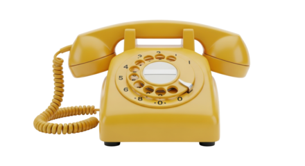 Isolated vintage yellow rotary telephone, 1970s-era retro communication device object