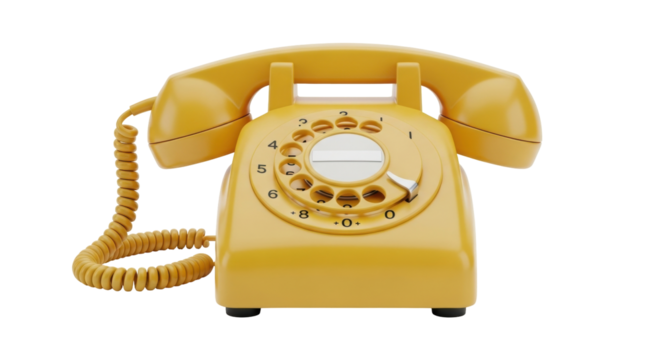 Isolated vintage yellow rotary telephone, 1970s-era retro communication device object