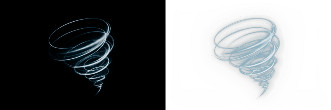 Abstract swirling tornado illustration with dynamic lines on contrasting backgrounds, showcasing motion and energy, ideal for creative design and visual storytelling