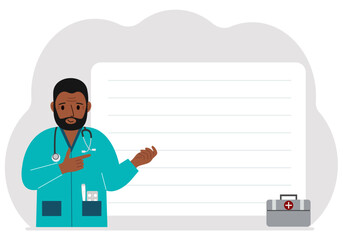 Smiling man doctor holding a file with blank paper for text. Vector