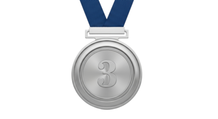 Isolated silver medal with the number three and a blue ribbon, a trophy for third place