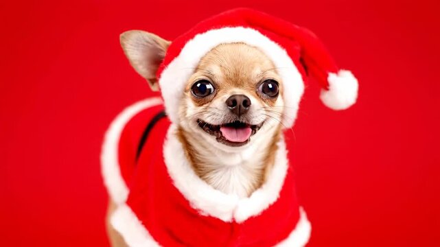 Happy chihuahua dog in santa claus suit on red isolated background. Funny merry Christmas pet wearing costume, holiday concept footage.