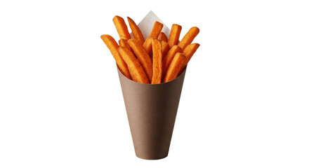 Isolated portion of sweet potato fries in a brown paper cone ready to eat as a snack