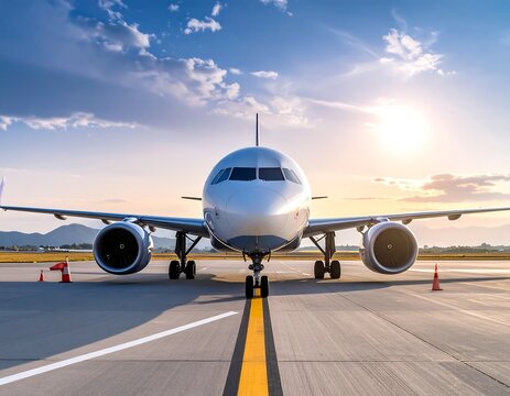 A front-facing view of a commercial jet on a runway. Sunlight shines brightly on the aircraft. The backdrop features mountains and a blue sky - Powered by Adobe