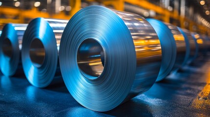 Obraz premium Metal rolls shine in a factory, highlighting precision manufacturing and industrial artistry