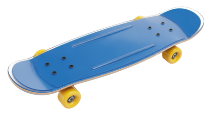 Isolated blue skateboard with yellow wheels on simple shadow, popular plastic deck type