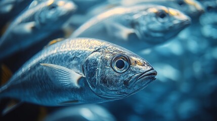 Obraz premium Shimmering fish swim gracefully in the depths of a vibrant ocean, showcasing the beauty of marine life