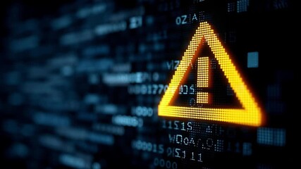 A bright orange warning sign overlays a dark background filled with binary code. This visual signifies a critical system error in programming, indicating urgent attention needed. - Powered by Adobe