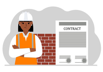 Female builder in uniform. Nearby lies a large contract with seals. Concept of financial agreement, signing of contract or deal.