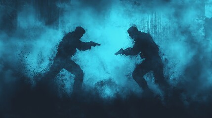 Two shadowy figures face off in a fog-filled space, each poised with their firearms, creating a dramatic confrontation