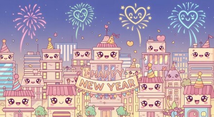 A Whimsical Cityscape Celebrates a Joyful Event Under a Sky Filled with Fireworks and Heart-Shaped Decorations