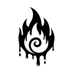 Graphic black fire symbol with spiral core and dripping liquid elements