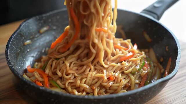 A hot Lagman stir fried noodles from Uzbekistan healthy dinner of fresh vegetable spaghetti in a cooking pot
