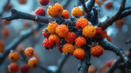 Vibrant Orange and Red Berries Clustered on a Bare Winter Branch.
