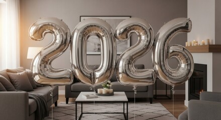 Silver foil balloons spelling out the year 2026 float in a modern living room setting creating a festive and celebratory atmosphere