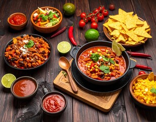 A delicious spread of Tex-Mex cuisine, showcasing chili, salsa, corn, and other tasty components