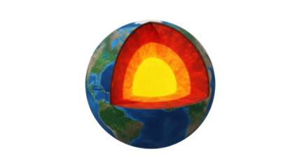 Isolated Earth layers model shows inner core, outer core, mantle, crust, cutaway view