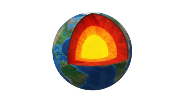 Isolated Earth layers model shows inner core, outer core, mantle, crust, cutaway view