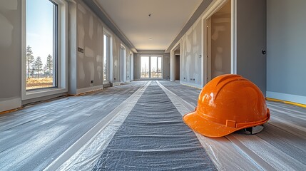 Renovation work progresses in a spacious interior, exhibiting a fresh floor layout with a hardhat resting nearby