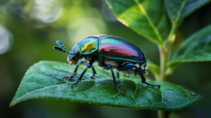 Naklejka premium Iridescent beetle with metallic green and purple shell on a green leaf insect arthropod