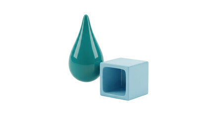 Isolated blue cube and green drop still life set, creative idea, geometrical abstraction