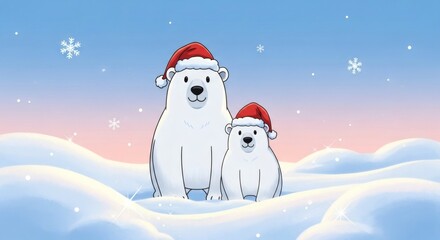 Two Adorable Polar Bears Wearing Santa Hats Enjoying a Snowy Winter Wonderland Scene
