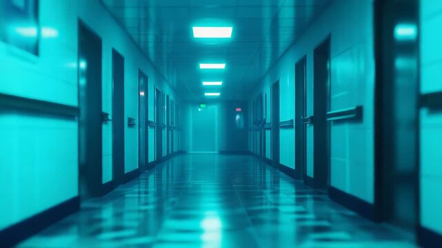Long empty hospital corridor creating a liminal atmosphere