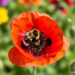 Bumblebee on Poppy Flower - A Close-Up of Pollination in Action.