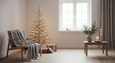 Cozy Christmas Living Room Scene with Decorated Tree and Warm Lighting