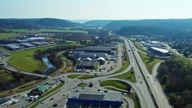 Aerial view of E20 highway leading into Gothenburg, Sweden on sunny day
