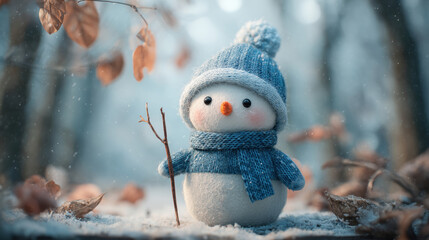 Cute Snowman with Blue Knit Hat and Scarf in Winter Forest