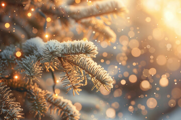 Close-up of Frosty Pine Branch with Golden Bokeh and Snowflakes