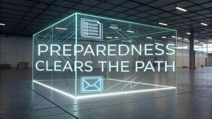 Neon Sign Highlighting Preparedness in Modern Warehouse Setting