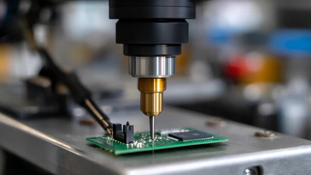 An intricate view of a high-precision soldering process on a circuit board showcases advanced technology and craftsmanship in electronics manufacturing.