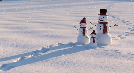 Three Snowmen Standing in a Snowy Field Under Falling Snowflakes With Long Shadows