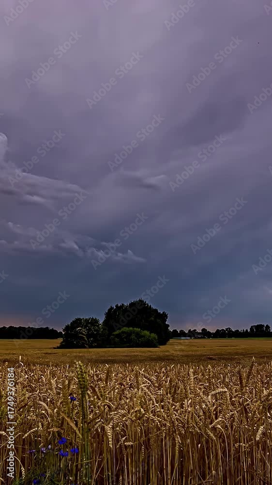 Wall mural timelapse of dry rural wheat field under shifting clouds and changing sunlight in open plain, vertic