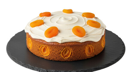 Isolated apricot cake, decorated with cream and apricot halves, on a black slate plate