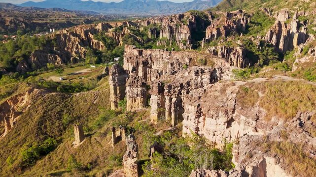 Stunning aerial view flying over the unique rock formations of los estoraques in colombia