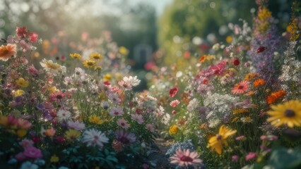 Obraz premium Vibrant Wildflower Meadow Bathed in Golden Sunlight.