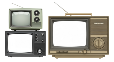 Isolated grouping of old televisions stacked, vintage television set stack, retro technology
