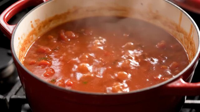 Red tomato sauce bubbling in pot. Delicious homemade marinara simmering for italian meal. Cooking fresh pasta sauce for recipe footage.