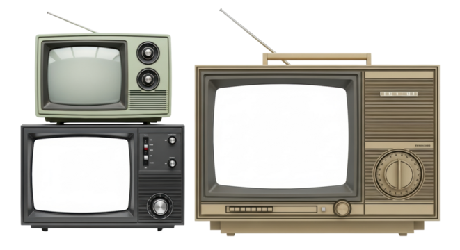 Isolated grouping of old televisions stacked, vintage television set stack, retro technology