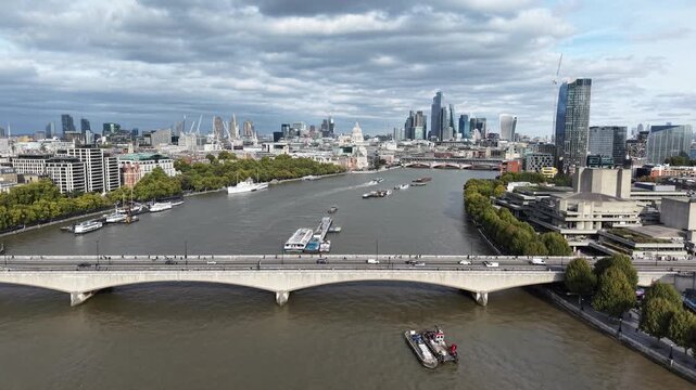 Waterloo Bridge Over River Thames London Aerial Drone Footage