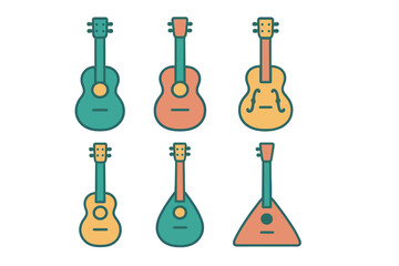 Six colorful string musical instruments set including guitars, mandolin, and balalaika
